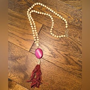 Long Maroon and Wood Beaded Tassel Statement Necklace